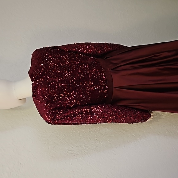 TS Couture Purple Satin Velvet Sequin Deep V Long Sleeve Formal Gown - Picture 5 of 8